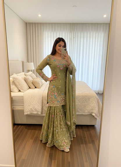 Heavy Embroidered Kurta Sharara Set with Dupatta | 5 Color Options