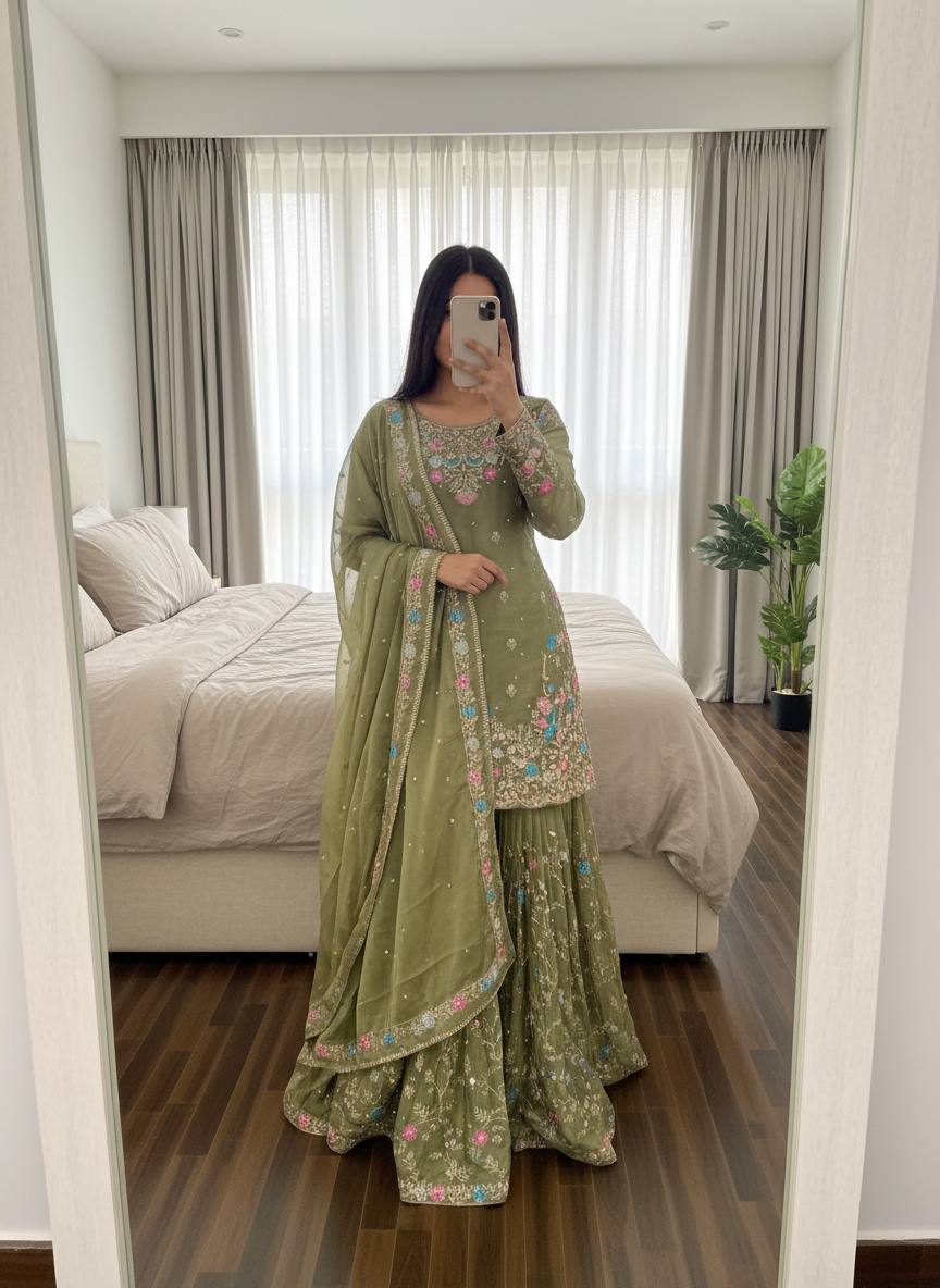 Heavy Embroidered Kurta Sharara Set with Dupatta | 5 Color Options