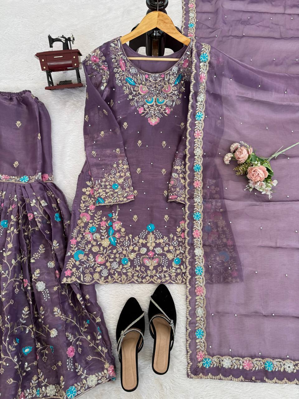 Heavy Embroidered Kurta Sharara Set with Dupatta | 5 Color Options