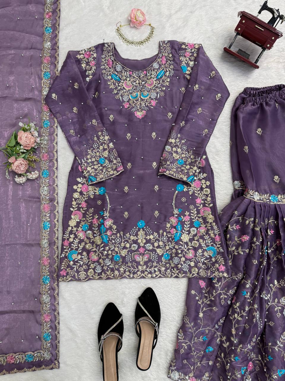 Heavy Embroidered Kurta Sharara Set with Dupatta | 5 Color Options