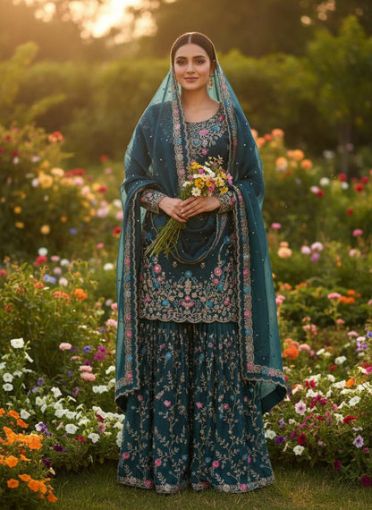 Heavy Embroidered Kurta Sharara Set with Dupatta | 5 Color Options