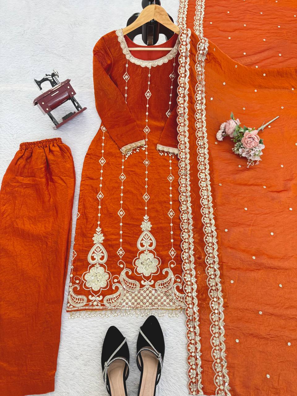 Rust Orange Embroidered Kurta Pant Set with Dupatta