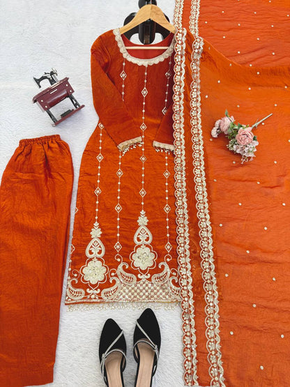 Rust Orange Embroidered Kurta Pant Set with Dupatta