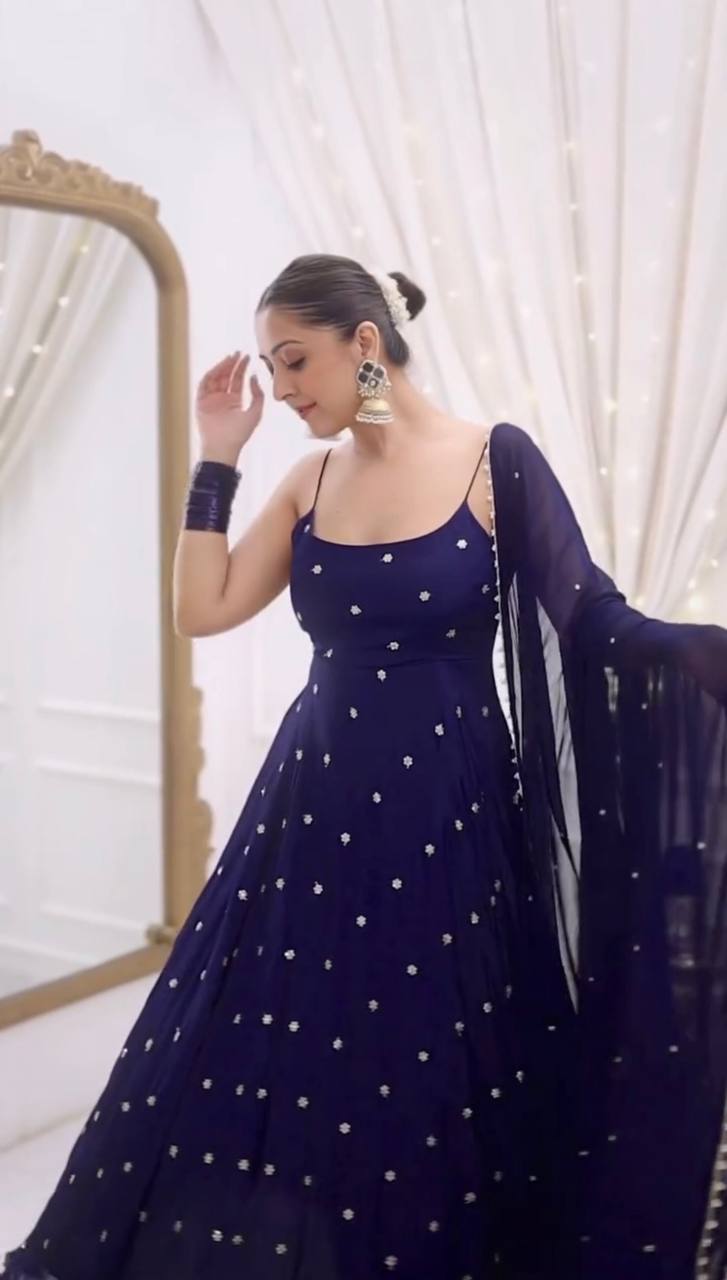 Navy Blue Embellished Anarkali Kurta Set with Dupatta & Pants