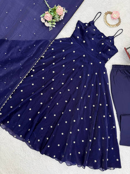 Navy Blue Embellished Anarkali Kurta Set with Dupatta & Pants