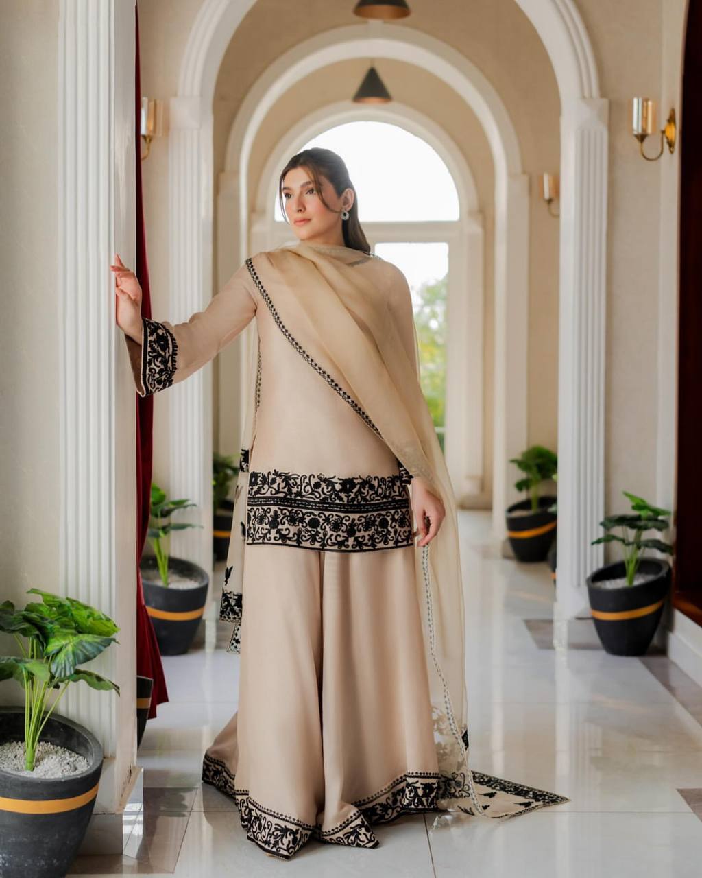 Ivory White Printed Kurta Sharara Set with Black Border Dupatta