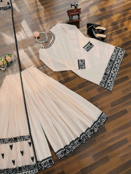 Ivory White Printed Kurta Sharara Set with Black Border Dupatta