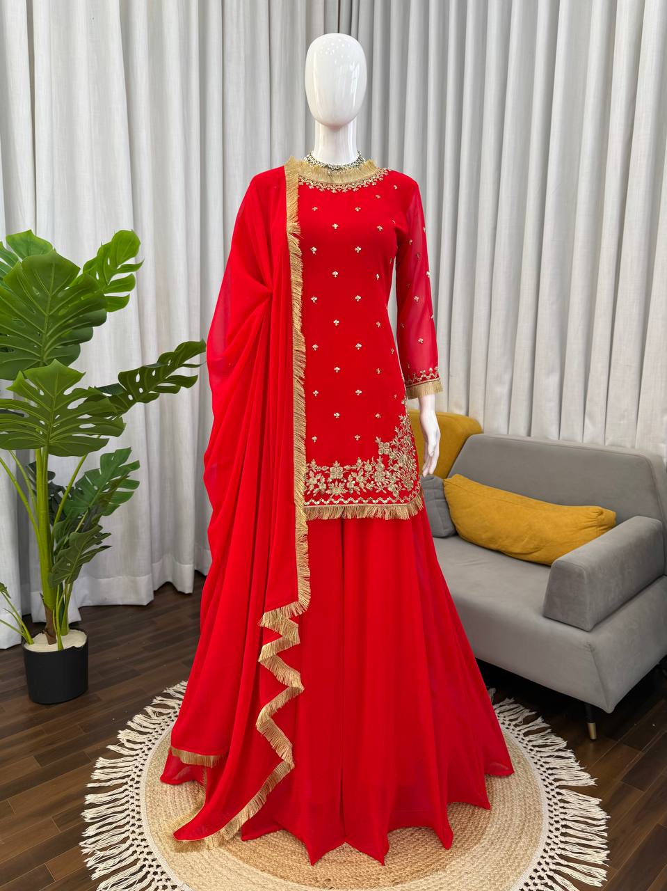 Red Embroidered Kurta Set with Fringe Border Dupatta & Palazzo