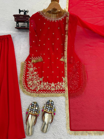 Red Embroidered Kurta Set with Fringe Border Dupatta & Palazzo