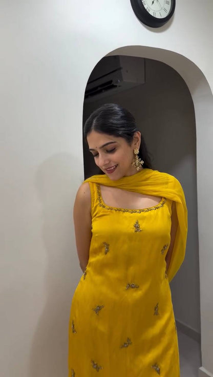 Mustard Yellow Embroidered Kurta Set with Sharara & Dupatta