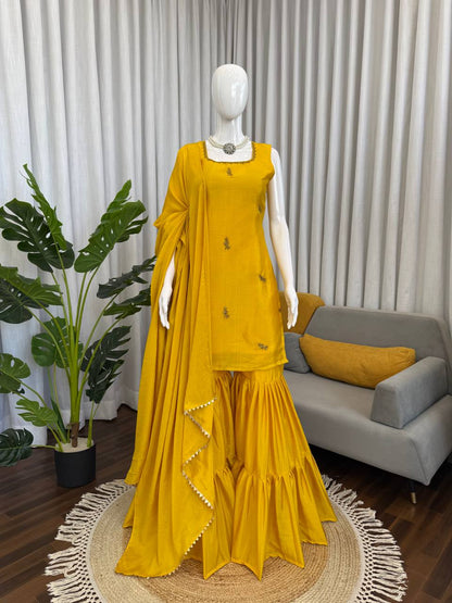 Mustard Yellow Embroidered Kurta Set with Sharara & Dupatta