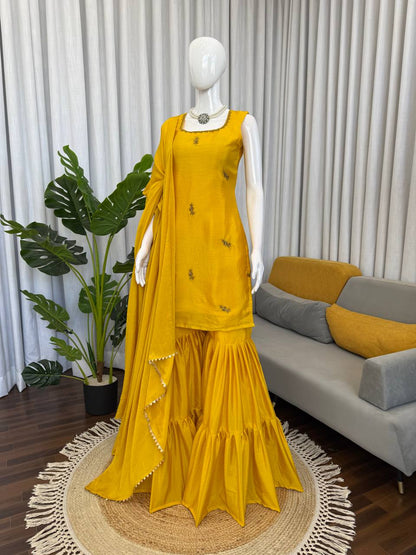 Mustard Yellow Embroidered Kurta Set with Sharara & Dupatta