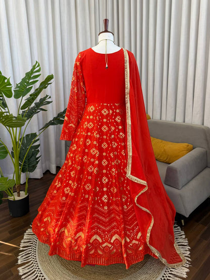 Red Bandhani Print Kurta Set with Dupatta & Straight Pants