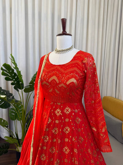 Red Bandhani Print Kurta Set with Dupatta & Straight Pants