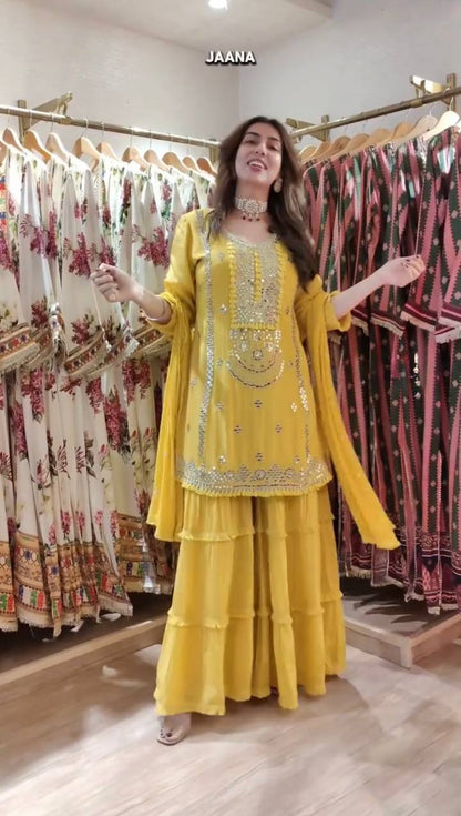 Royal Mirror Embellished Sharara Suit Set with Flowing Dupatta (3 Color Options)