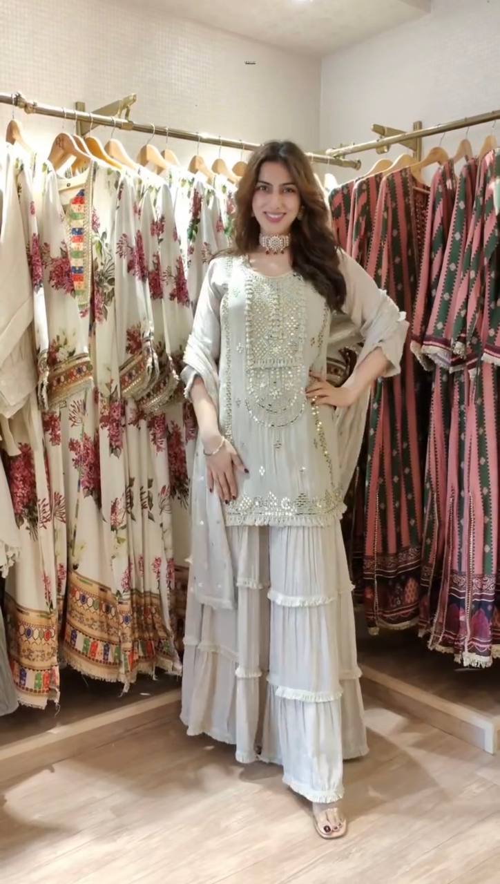 Royal Mirror Embellished Sharara Suit Set with Flowing Dupatta (3 Color Options)