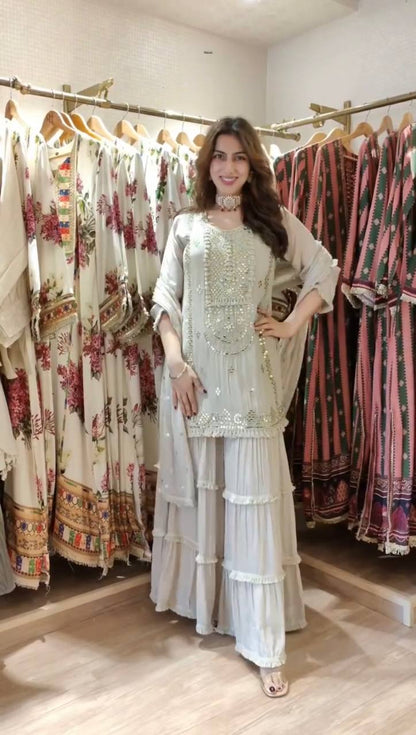 Royal Mirror Embellished Sharara Suit Set with Flowing Dupatta (3 Color Options)