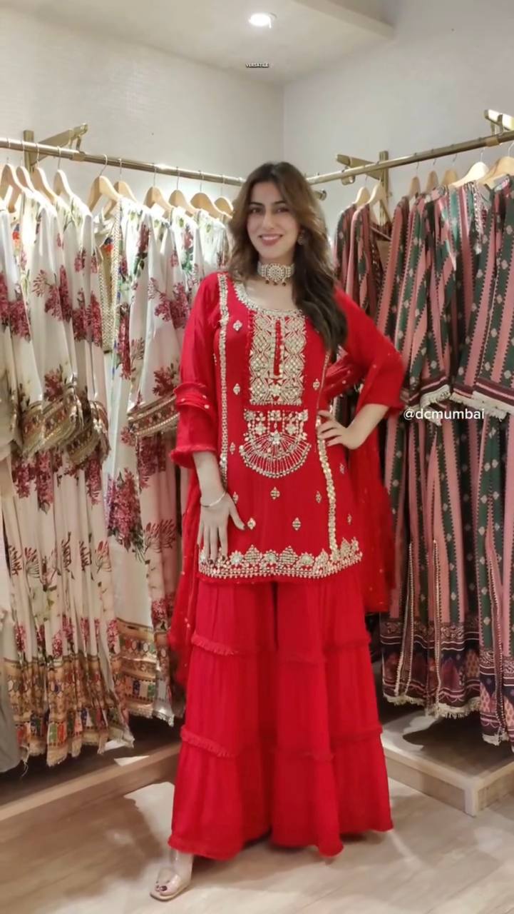 Royal Mirror Embellished Sharara Suit Set with Flowing Dupatta (3 Color Options)