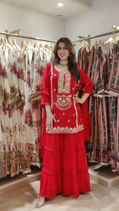 Royal Mirror Embellished Sharara Suit Set with Flowing Dupatta (3 Color Options)