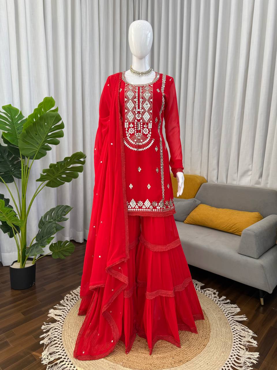 Royal Mirror Embellished Sharara Suit Set with Flowing Dupatta (3 Color Options)