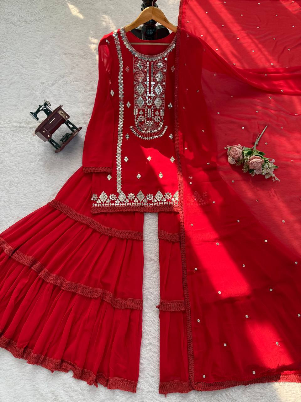 Royal Mirror Embellished Sharara Suit Set with Flowing Dupatta (3 Color Options)
