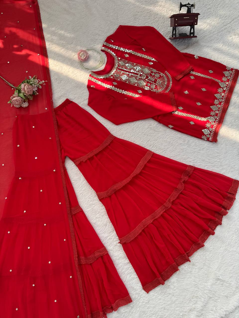 Royal Mirror Embellished Sharara Suit Set with Flowing Dupatta (3 Color Options)