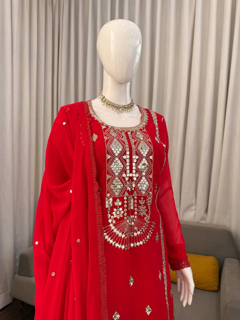 Royal Mirror Embellished Sharara Suit Set with Flowing Dupatta (3 Color Options)