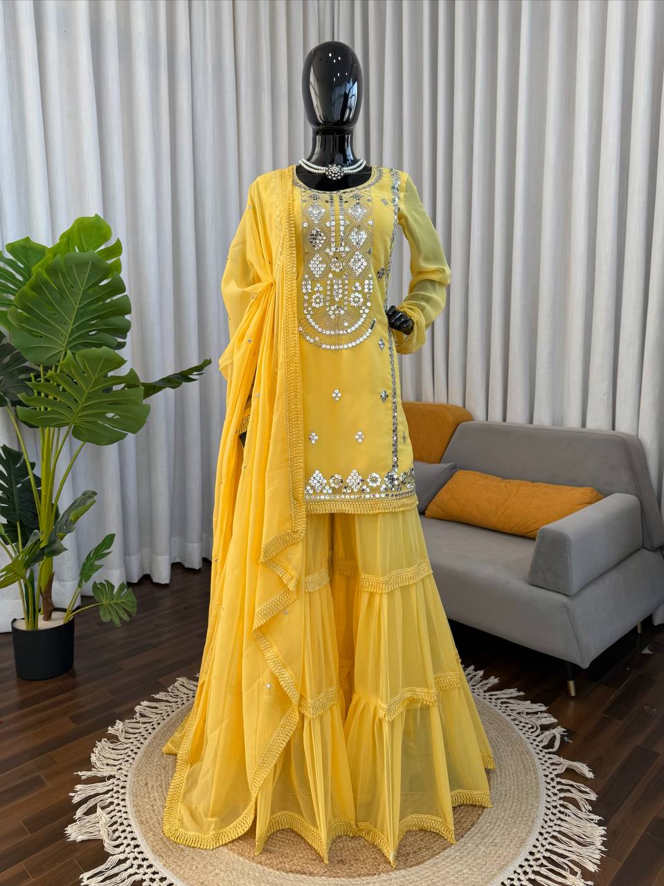 Royal Mirror Embellished Sharara Suit Set with Flowing Dupatta (3 Color Options)