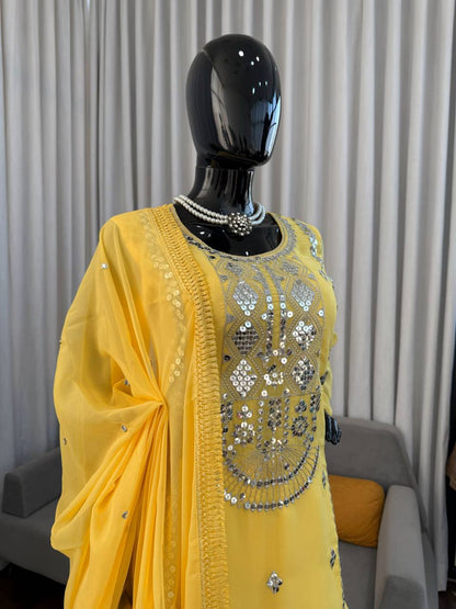 Royal Mirror Embellished Sharara Suit Set with Flowing Dupatta (3 Color Options)