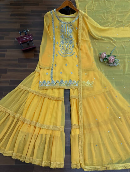 Royal Mirror Embellished Sharara Suit Set with Flowing Dupatta (3 Color Options)