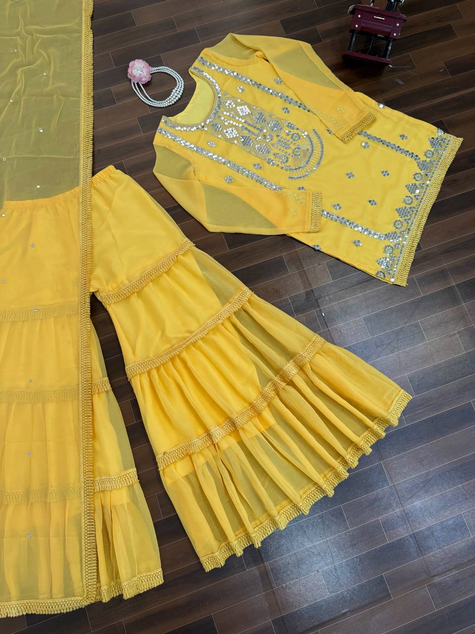 Royal Mirror Embellished Sharara Suit Set with Flowing Dupatta (3 Color Options)