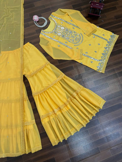 Royal Mirror Embellished Sharara Suit Set with Flowing Dupatta (3 Color Options)