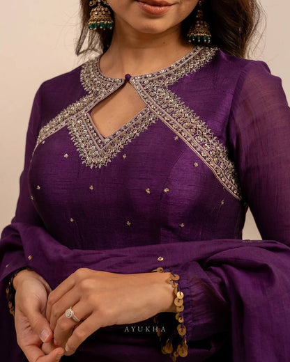 Regal Plum Embroidered Anarkali Suit Set with Flowing Dupatta