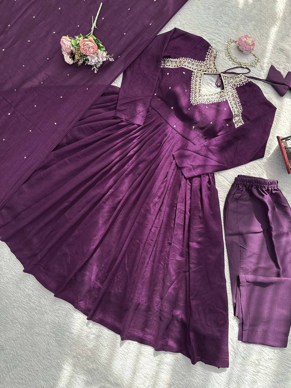 Regal Plum Embroidered Anarkali Suit Set with Flowing Dupatta