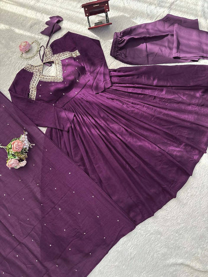 Regal Plum Embroidered Anarkali Suit Set with Flowing Dupatta