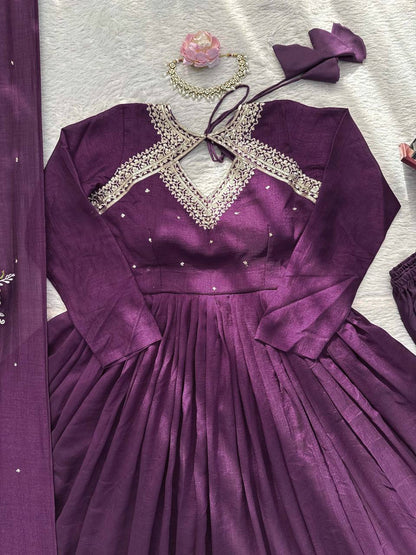 Regal Plum Embroidered Anarkali Suit Set with Flowing Dupatta