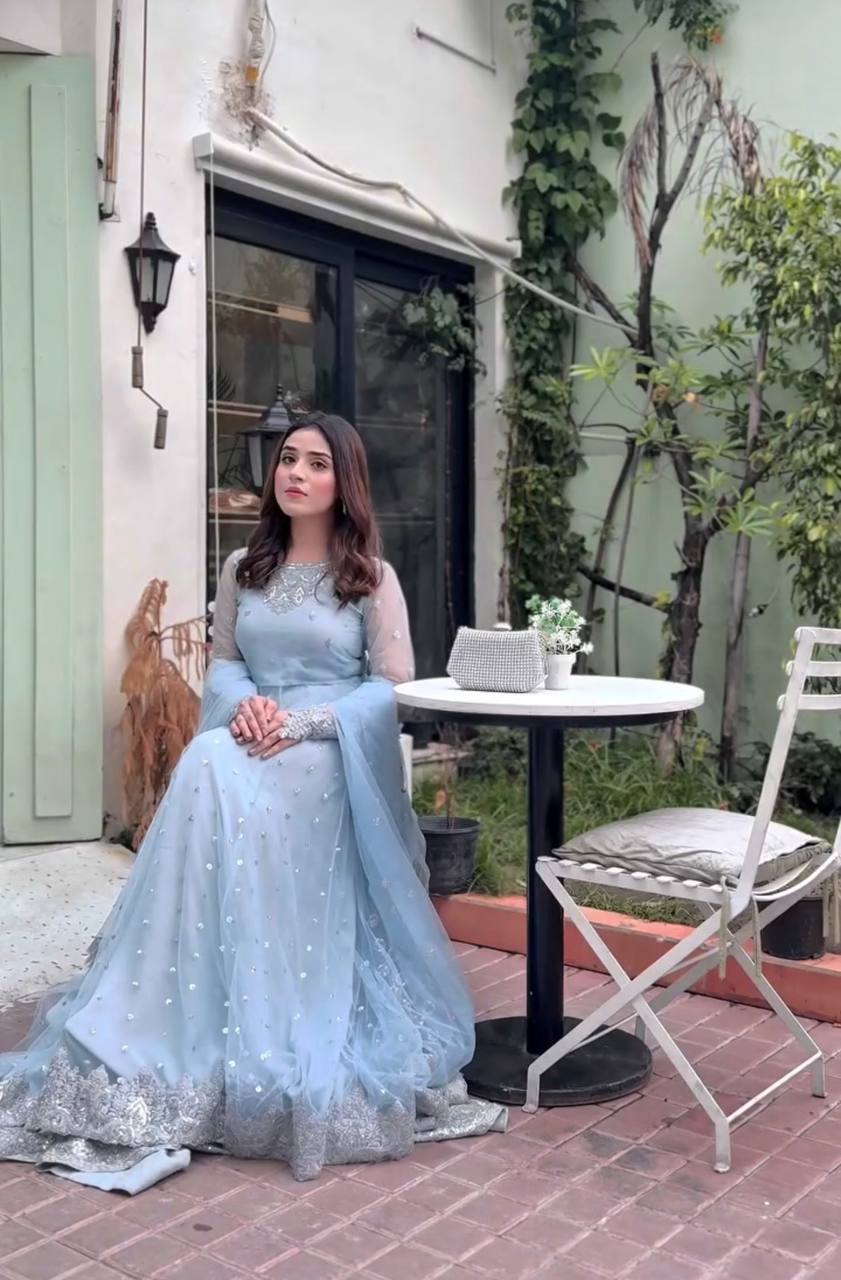 Celestial Powder Blue Heavily Embellished Anarkali Gown with Net Dupatta