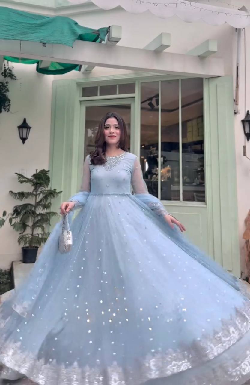 Celestial Powder Blue Heavily Embellished Anarkali Gown with Net Dupatta