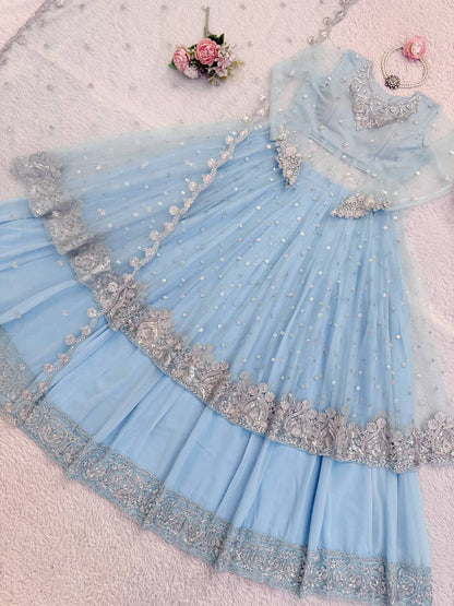 Celestial Powder Blue Heavily Embellished Anarkali Gown with Net Dupatta