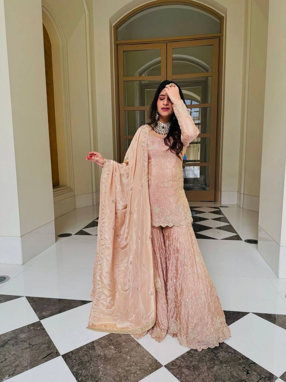 Blush Peach Luxury Embroidered Kurta Sharara Set with Organza Dupatta
