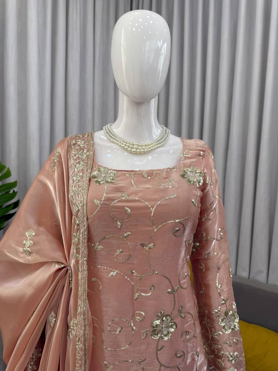 Blush Peach Luxury Embroidered Kurta Sharara Set with Organza Dupatta