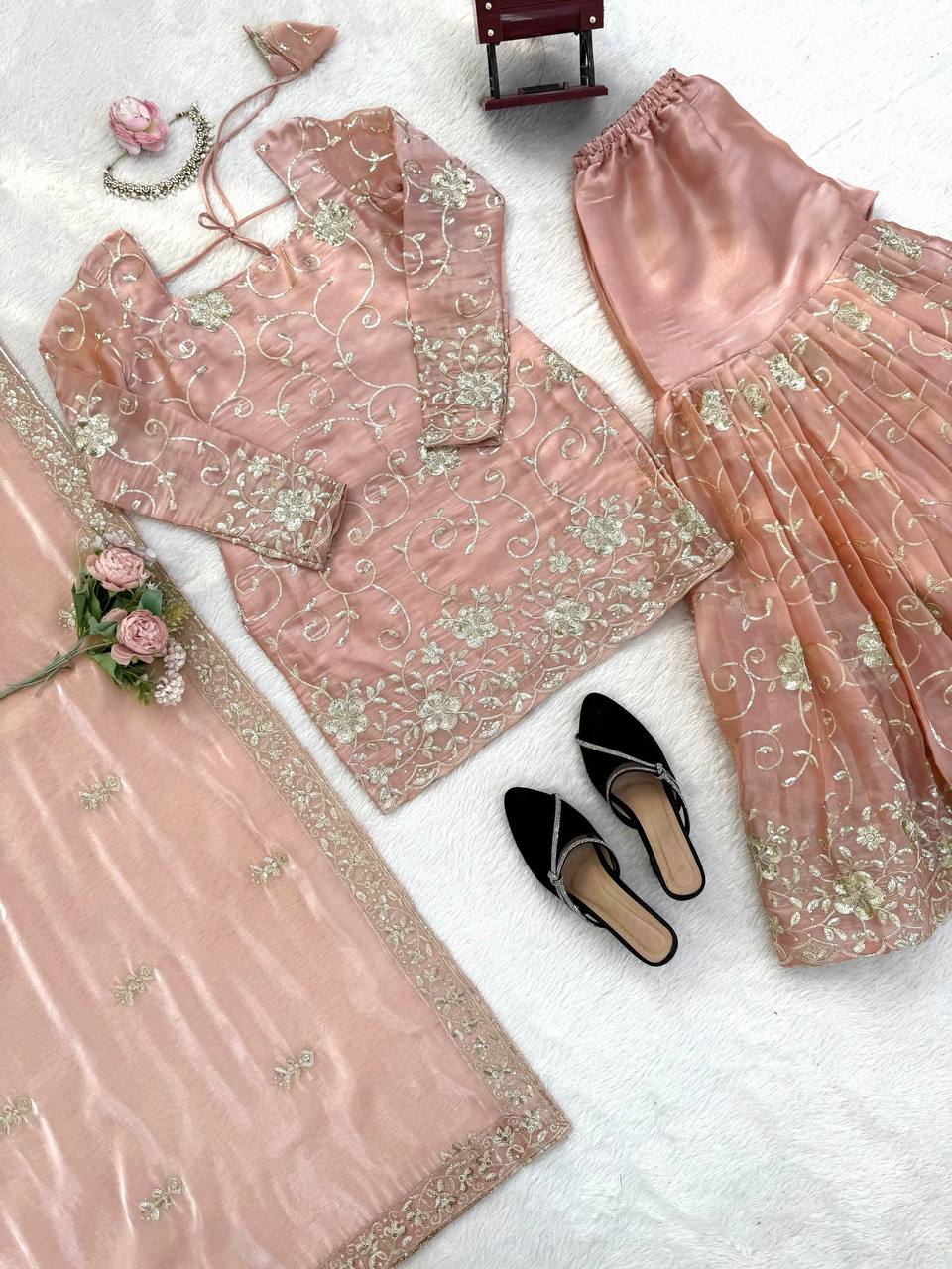 Blush Peach Luxury Embroidered Kurta Sharara Set with Organza Dupatta