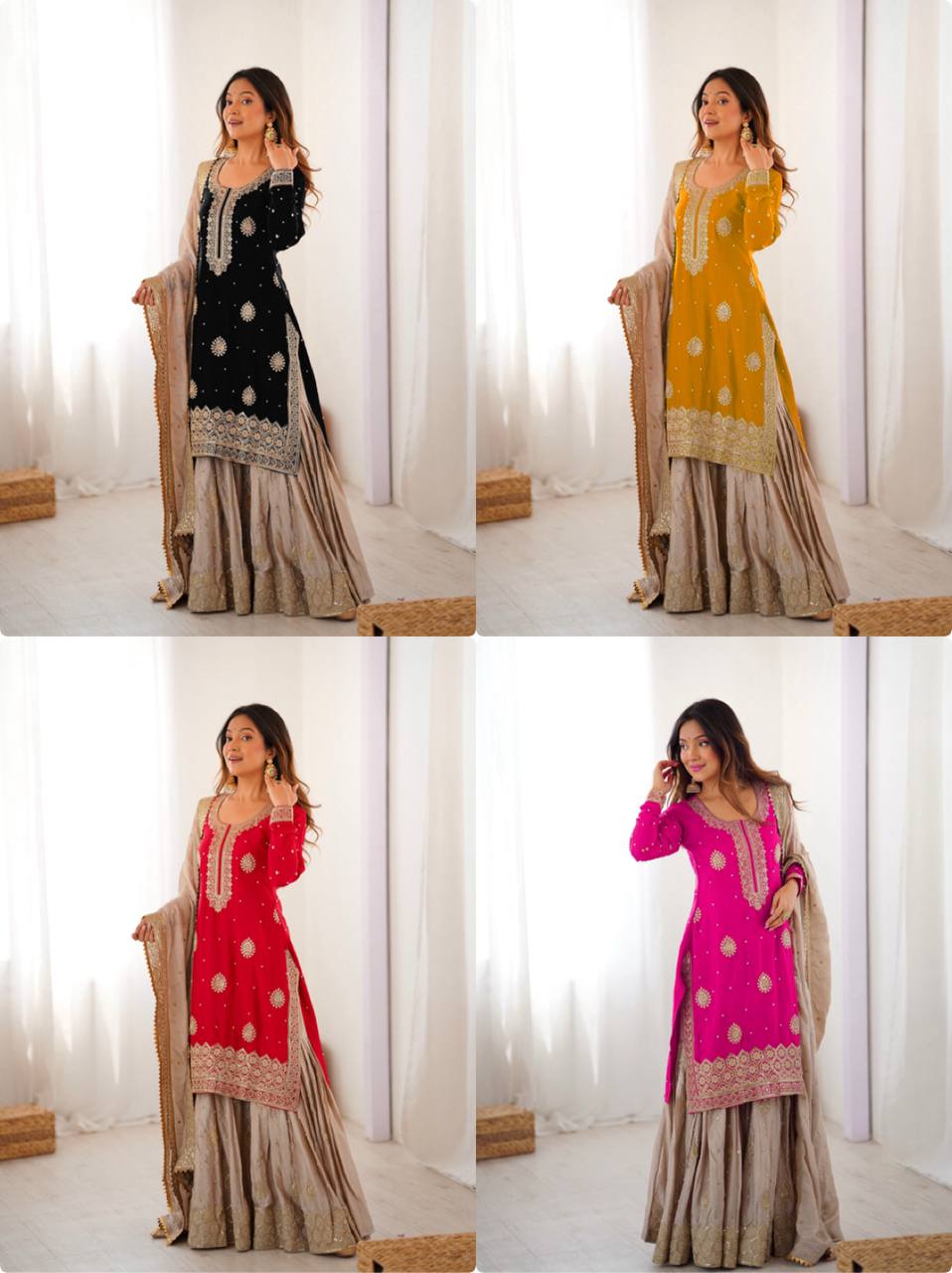 Elegant Embroidered Kurta Sharara Set with Dupatta – Festive Wear (4 Colors)