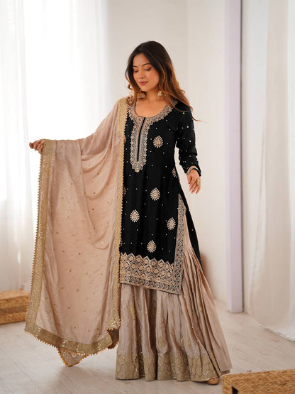 Elegant Embroidered Kurta Sharara Set with Dupatta – Festive Wear (4 Colors)