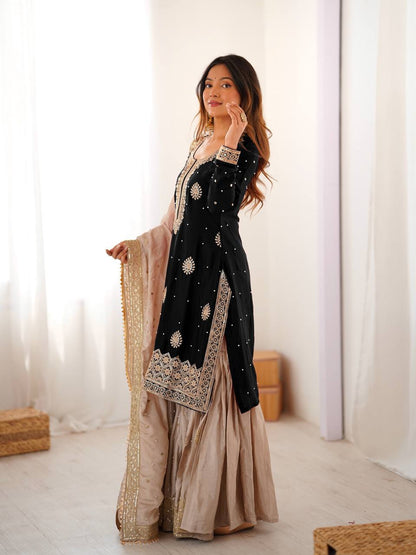 Elegant Embroidered Kurta Sharara Set with Dupatta – Festive Wear (4 Colors)