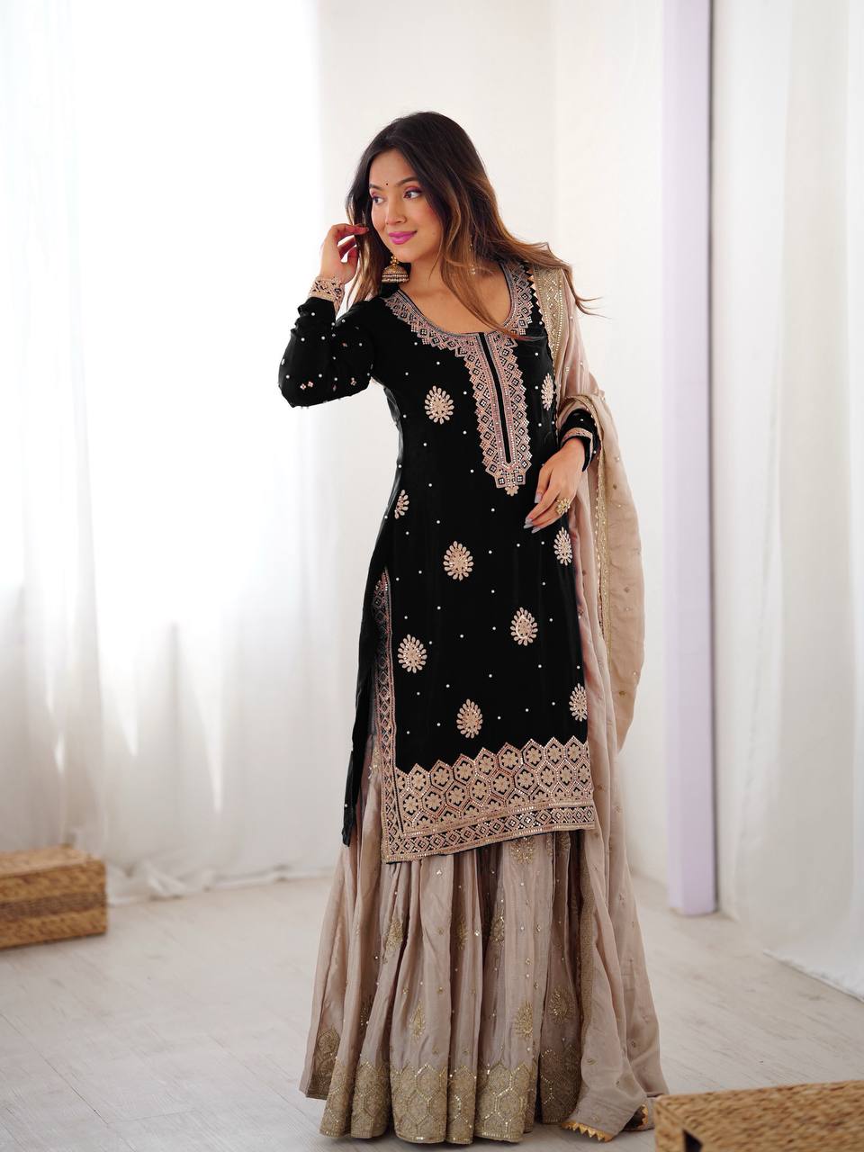 Elegant Embroidered Kurta Sharara Set with Dupatta – Festive Wear (4 Colors)