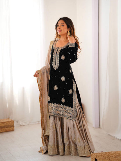 Elegant Embroidered Kurta Sharara Set with Dupatta – Festive Wear (4 Colors)