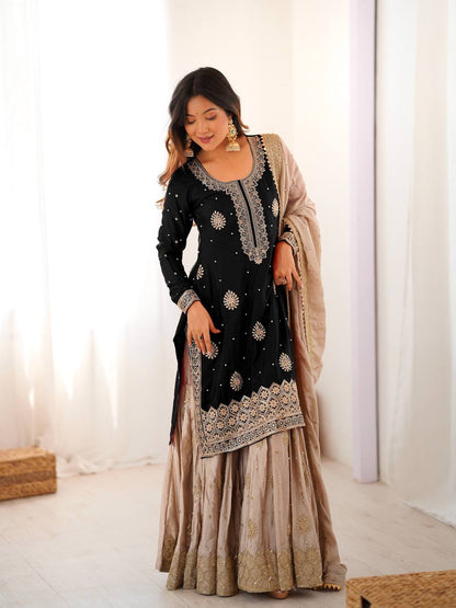 Elegant Embroidered Kurta Sharara Set with Dupatta – Festive Wear (4 Colors)
