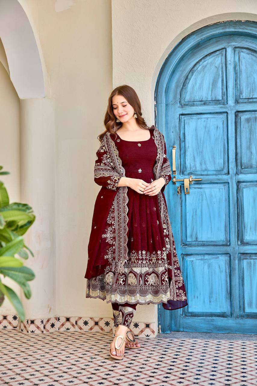 Luxury Embroidered Anarkali Suit Set with Heavy Border Dupatta (3 Color Options)