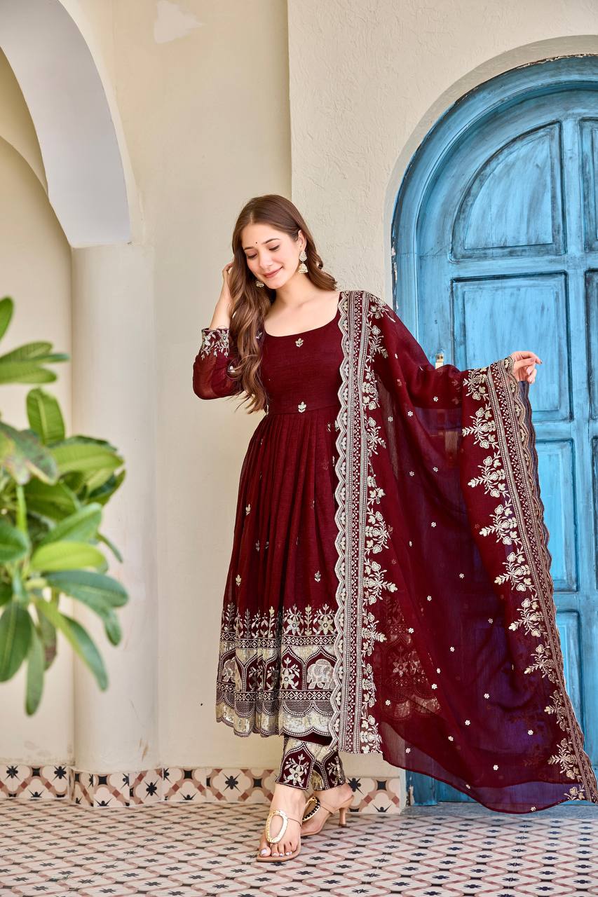 Luxury Embroidered Anarkali Suit Set with Heavy Border Dupatta (3 Color Options)